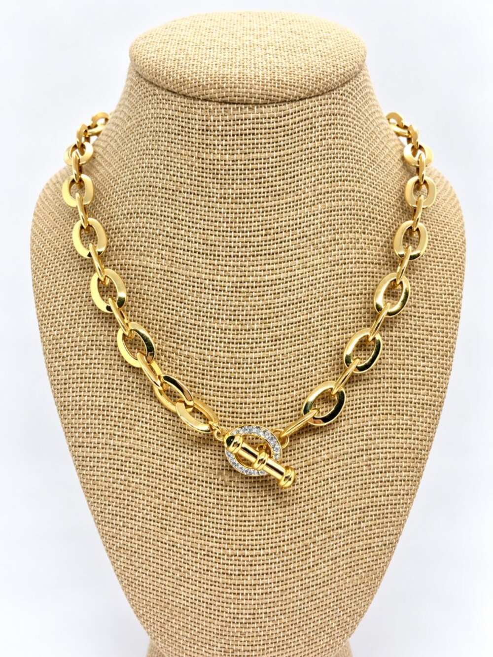 VINTAGE NOLAN MILLER Necklace Gold Tone Oval Link Pavé Toggle Blue Cabochon